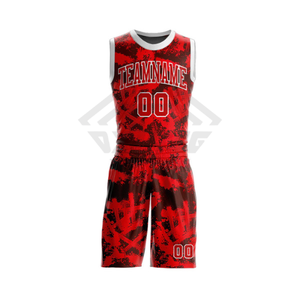 Conjunto de Uniforme de Baloncesto Sublimado Personalizado, Rojo Grunge, Uniforme de Equipo, Ropa Deportiva al por Mayor OEM, Jersey sin Mangas y Pantalones Cortos - Product Image 1