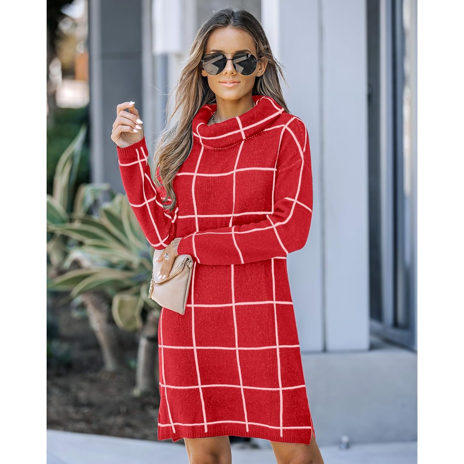 2025 Women's Casual Turtleneck Knitted Sweater Dress Cozy Grid Pullover  Sweater| Alibaba.com