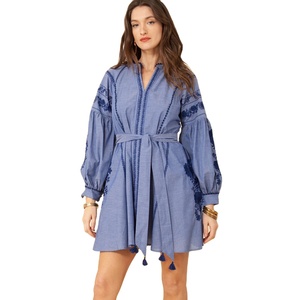 Hermosa mujer caliente sexy ropa mujer o-cuello Vestido corto mano bloque impreso 100% algodón ropa de fiesta mini vestido precio al por mayor - Product Image 1