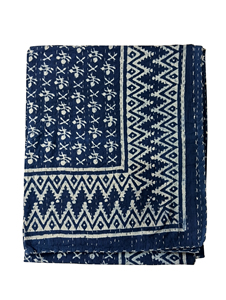 Silkgram Traditional <b>Hand</b> Block Cotton Kantha Quilt Floral Pattern Blue Folded Eco-Friendly All-Season Home Decor - Product Image 2