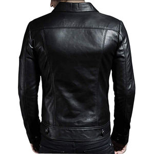 Veste moto en cuir véritable pour homme, col rabattu, fermeture éclair, coupe ajustée, tenue décontractée d'automne, noir - Product Image 2