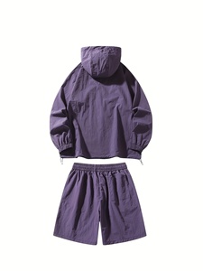 Ensemble veste à capuche et short pour homme, couleur unie, vêtements en polyester tricoté, séchage rapide, tenue décontractée d'été - Product Image 5