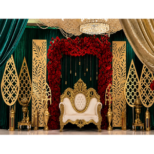 Decoración de escenario Elite Walima con pantallas cortadas con láser, los últimos paneles de fondo de metal tallado con hojas doradas, marcos modernos de estilo árabe para bodas. - Product Image 1
