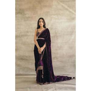 Beautiful <b>Purple</b> Evening Party Wear <b>Saree</b> Size M with Sequence Dori Thread Work - Product Image 5