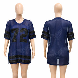 Robe de football surdimensionnée en maille avec strass personnalisés pour femme, style streetwear transparent, t-shirt de sport, tenue athlétique sexy et scintillante - Product Image 3