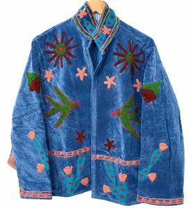 Chaqueta Bomber Azul Terciopelo Bordada con Diseño de Corazón y Texto de Amor, Cuello Mao, Manga Larga, Cortavientos, para Mujer, Primavera Invierno - Product Image 1