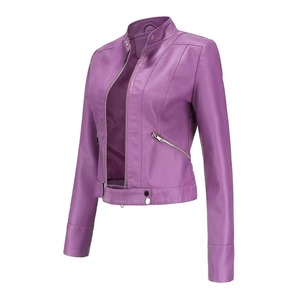 Nouvelle veste en cuir matelassée violette pour femme, style motard court, tissu tissé, grandes tailles - Product Image 1