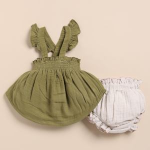 Premium Quality Organic Muslin Sleeveless Frill Top and Bloomer <b>Set</b> in Olive + Oatmeal Baby Clothing - Product Image 1