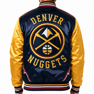 เสื้อแจ็คเก็ตวาร์ซิตี้ผ้าซาตินแบบสปอร์ต ความหนาปกติ สีพื้น ทีมบาสเกตบอลเดนเวอร์ สีกรมท่า-ทอง ปักโลโก้แบบกำหนดเอง - Product Image 3