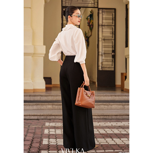 Pantalon de bureau décontracté élégant pour femme, taille haute, coupe droite, noir, avec détail poches à rabat, en polyester et élasthanne OWEN - Product Image 3
