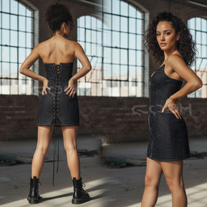 Vestido corsé de mezclilla negro con patchwork para mujer, minivestido ajustado con cremallera frontal |   Top estilo grunge Y2K - Product Image 5