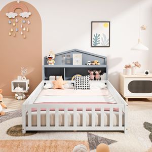 Letto a terra Montessori Full-Size con testiera grigia e armadio contenitore, letti per bambini con configurazione personalizzabile gratuita - Product Image 6
