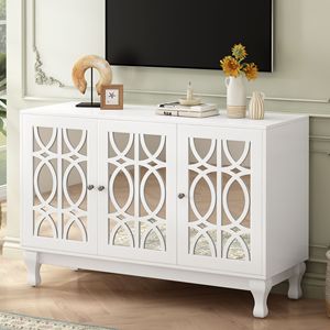 Modern Solid Wood <b>TV</b> Stand with 3 Adjustable Shelves <b>Mirrored</b> Entertainment Center up to 55 Inches Metal Handle - Product Image 2