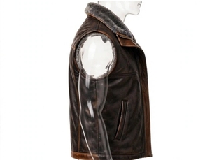 Gilet en cuir marron pour homme avec col en fourrure, doublure décontractée et fermeture éclair - Product Image 2