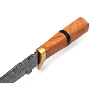Cuchillo de caza hecho a mano con hoja de acero de Damasco, mango de madera y detalles en latón, herramienta de supervivencia para exteriores con hoja fija. - Product Image 2