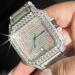 100% <b>Diamond</b> Tested Sparkling VVS Square Moissanite <b>Watch</b> Hip Hop Style Stainless Steel Pink Dial Mechanical <b>Watch</b>. - Product Image 6