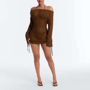 Vestido de punto con hombros descubiertos para mujer, diseño calado, manga larga, ajustado, estilo otoñal, sexy, para discoteca - Product Image 4