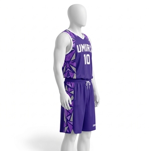 Ensemble d'uniformes de basketball géométriques personnalisés, motif brisé, maillot et short sublimés, nom et numéro de l'équipe, tissu en maille 100 % polyester - Product Image 3