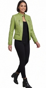 Veste d'hiver en cuir véritable vert citron pour femme, col montant, style motard, coupe ajustée, effet vieilli, fournisseur ODM en gros - Product Image 4