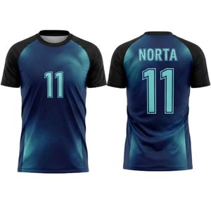 เสื้อฟุตบอลสีเขียวอมฟ้าแบบซับลิเมชั่น พิมพ์ลายดิจิทัลไล่เฉดสีน้ำเงินกรมท่า แขนเสื้อแบบแร็กแลน ชุดทีมฟุตบอลสำหรับการแข่งขัน - Product Image 1