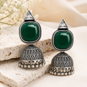 Boucles d'oreilles Jhumka Monalisa Stone Classic Charm, style vintage, plaqué argent et or, zircon, alliage de zinc, luxe, pour femmes, pour les occasions spéciales - Product Image 5
