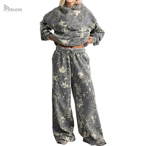 High Quality Vintage Floral Camo Print Tracksuit, Women Loose Fit Hooded Sweatshirt Wide Leg Drawstring Trouser Pant Set - Product Image 2