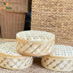 Cesta de regalo de bambú circular hecha a mano, contenedor de almacenamiento Vintage pequeño ecológico para pan, pastel, magdalenas, cajas de paja - Product Image 5