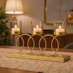 Candelabro moderno de latón con diseño de anillo y portavelas de vidrio transparente para decoración del hogar - Product Image 4