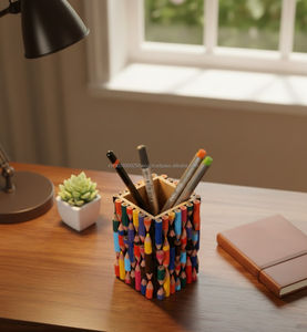 Porte-crayons en bois écologique, boîte de rangement, design Art Déco, multifonctionnel, gain de place, pour bureau, école, fournitures de bureau - Product Image 2