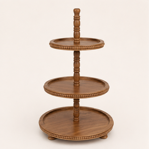 Handcrafted 3 Tier Wooden Serving Tray with Bead Accent Farmhouse <b>Cupcake</b> <b>Stand</b> and Tiered Dessert Display for Wedding Decor - Product Image 1