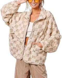 Premium Hot Selling <b>Women's</b> Cream Checkerboard <b>Sherpa</b> <b>Jacket</b> Embossed Grid Jacquard Snap Closure Patch Pockets Bound Edges OEM - Product Image 1
