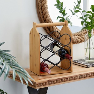 Soporte de Madera para Botellas de Vino Estilo Rústico con Inserto de Alambre Negro, Exhibidor de Vino Independiente para 6 Botellas - Product Image 4