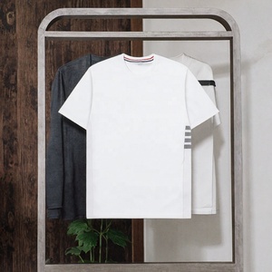 T-shirt en coton à col rond pour homme, avec logo sur le devant, respirant, coupe ample, manches courtes, tricoté, rayé, décontracté, pour l'été - Product Image 3