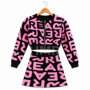 HMR Sisterhood Sorority Knitted Two Piece Set Pink <b>Black</b> Letter Print Zipper <b>Top</b> With Mini <b>Skirt</b> Sexy Club Wear - Product Image 5