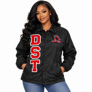 Delta |   Sigma |   Veste de coach imperméable pour femmes Theta Sorority, style universitaire à boutons-pression, avec lettres grecques brodées - Product Image 1