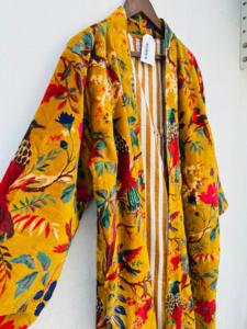 Kimono unisexe en velours, robe longue en coton, manches longues, col en V, fermeture à cordon, style classique, tissu tissé doux, motif floral - Product Image 2