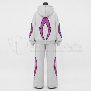 Ensemble de survêtement unisexe blanc avec sweat à capuche imprimé flamme violette et pantalon large, tenue décontractée streetwear - Product Image 2