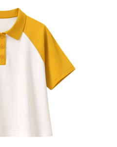 T-shirt polo court personnalisé jaune et blanc pour femme, manches raglan, décontracté, en coton, avec patte de boutonnage, style streetwear d'été - Product Image 2