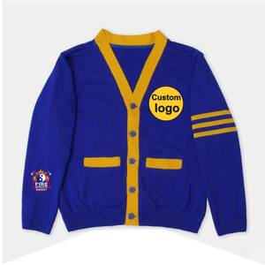 Cardigan en tricot bleu et jaune pour homme, col en V, manches longues, fermeture boutonnée, style automne, avec logo personnalisé sur le devant - Product Image 4