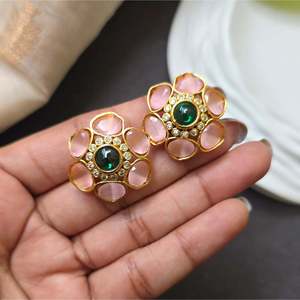 10k Gold Uncut Stone Stud Earrings with Ruby Emerald Opal Sapphire & Pearl - Product Image 2