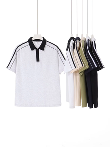 เสื้อโปโลสีครีมสำหรับผู้ชาย คอปกสีกรมท่า ลายทาง แขนสั้น ผ้าทอออกซ์ฟอร์ดแบบลำลอง ระบายอากาศได้ดี - Product Image 5