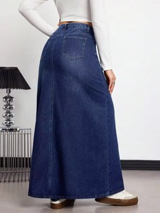 Women High Waist <b>Denim</b> Skirt Casual A-Line Ankle-Length Button Front <b>Stretch</b> Eco-Friendly Worsted Fabric Solid Knitted All - Product Image 2