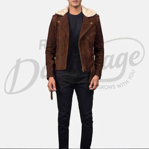 Chaqueta de Motociclista de Cuero Marrón para Hombre con Cuello de Piel de Oveja Crema, Corte Ajustado, con Cinturón, Chaqueta de Moto de Cuero Genuino - Product Image 4