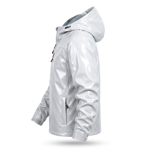 Chaqueta cortavientos con capucha para hombre, color blanco brillante, con revestimiento de PU, forro polar, para otoño. - Product Image 2