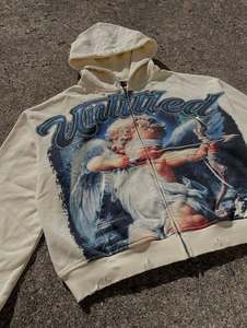 Custom men Cropped Zip Up Hoodies Vintage Wash Artistic Portrait Graphic Print <b>Crystal</b> Detail <b>Raw</b> Edge Finish Streetwear Hoodies - Product Image 4