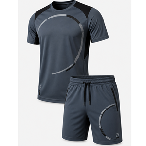 Men's Sporty Quick Dry Polyester Short Sleeve T-Shirt And Shorts <b>Set</b> Crew Neck Geometric Pattern Summer Workout Wear - Product Image 6
