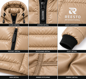 Mens Beige Hooded Puffer Jacket Windproof Winter <b>Coat</b> Casual <b>Slim</b> Fit Zipper Closure Polyester custom logo puffer jacket - Product Image 5