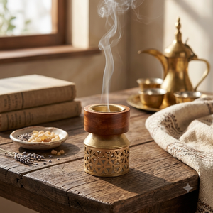 Ensemble brûleur à bakhoor en bois islamique avec plateau, Mabkhara arabe, cadeau Ramadan Aïd, porte-encens moderne du Moyen-Orient, fait main - Product Image 5