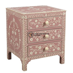 Mesita de Noche Moderna de 3 Cajones con Incrustaciones de Hueso Ecológicas Hechas a Mano, Patrón Floral, Mueble de Dormitorio con Tapa de Madera Addy Mehar - Product Image 1