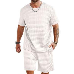 Ensemble 2 pièces pour homme, mode été, t-shirt décontracté à col rond respirant et short, couleur unie, tissage tricoté pour le sport et les loisirs - Product Image 1